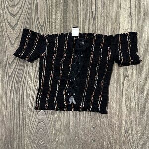 Windsor Crop Top Small Black Striped Lace Up Front Off The Shoulder Smocked